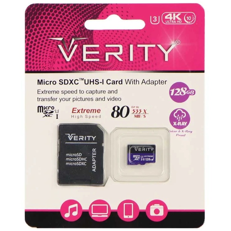 کارت حافظه microSDXC وریتی مدل 4K کلاس 10 استاندارد UHS-I U3 سرعت 80MBps ظرفیت 128 گیگابایت به همراه آداپتور SD